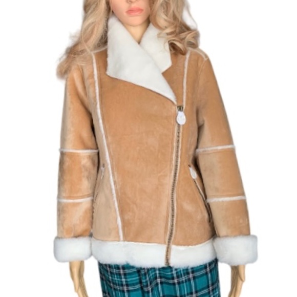 LANDSEND Womens Petite Faux Sheepskin Shearling Warm Winter Fleece Moto Jacket - Picture 2 of 11